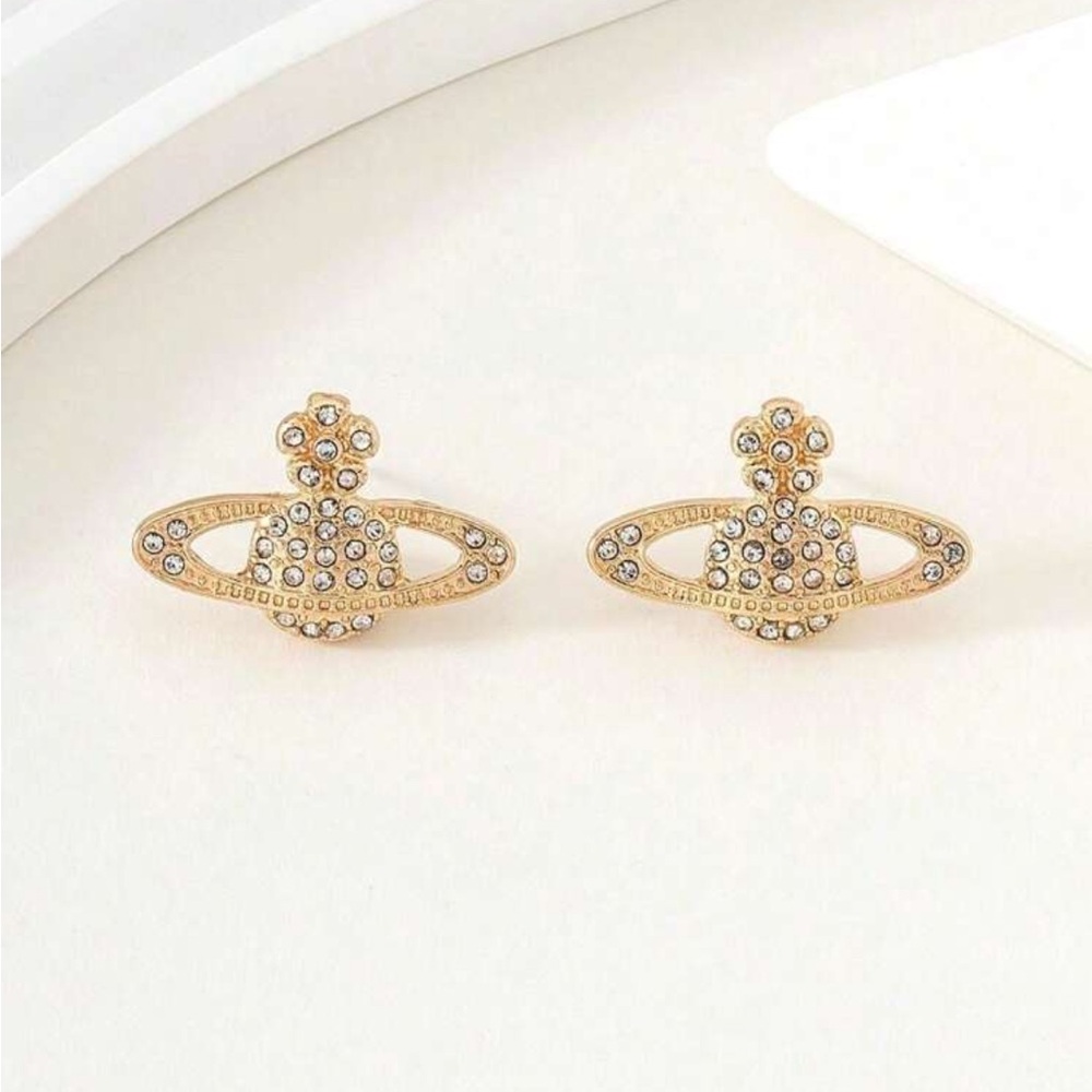 BRAND NEW🪐Gorgeous Full Rhinestones Planet Shaped Pendant & Pearl Earrings